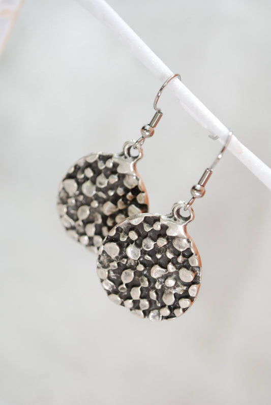 Round silver earrings, Texture earrings, Art Earrings, Boho Outfit, Women circle earrings,  2" - 5cm