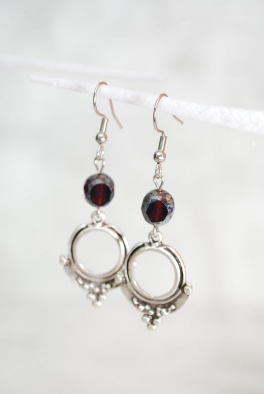 Boho chick earrings, abstract shape errings, festival purple beaded earrings, Estibela design, 5.5cm 2"