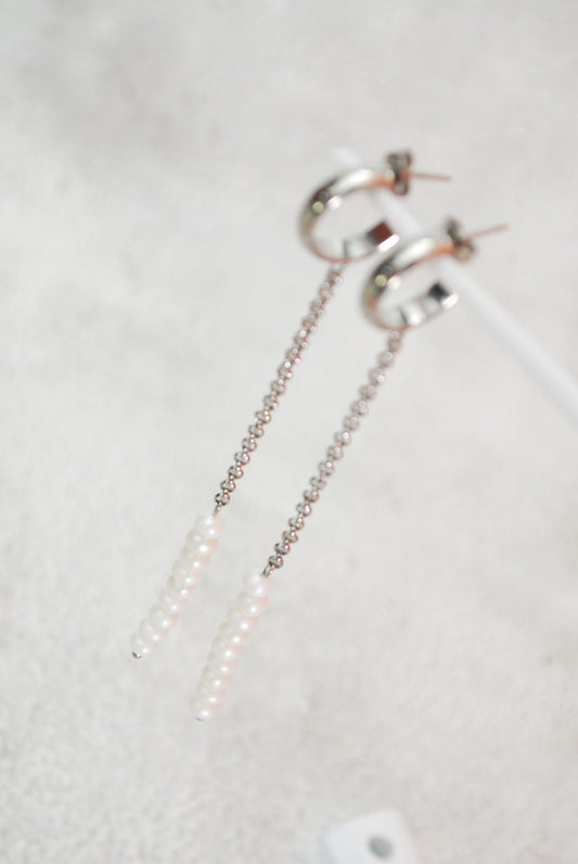 Long freshwater pearl earrings, long stainless steel chain earrings,  Boho Chic Style, 11cm - 4.3"