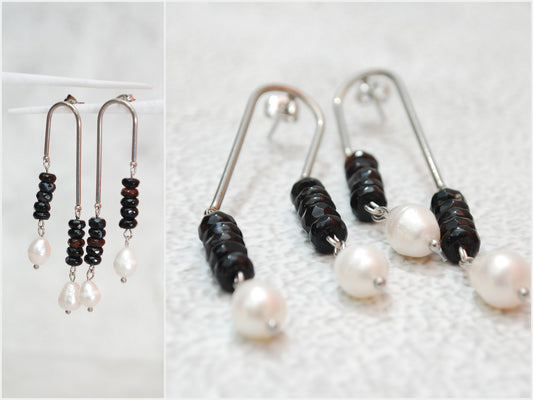 Black Agate & Freshwater Pearl Stone Beads Earrings, Stainless Steel Jewelry,  Hippie Arc Wedding, 7cm 2,75"