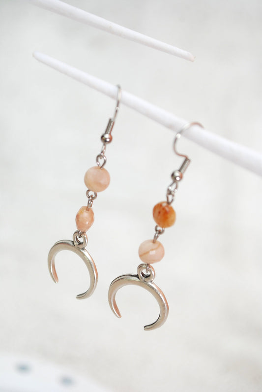 Sunstone & half moon earrings, hippie handmade cascade earrings, Bohemian Chic Style, 6cm - 2.3"