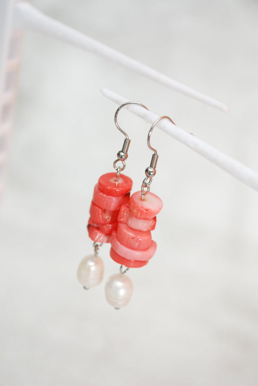 Coral stone & Big freshwater pearl earrings, estibela design, 5.7cm 2.2 inches. Classic and sophisticated adornments.