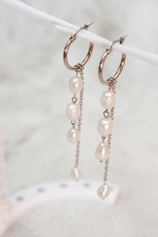 Wedding Chain Stainless Steel & Freshwater Pearl Latch back Earrings, Estibela, 9.5cm - 3.7inches