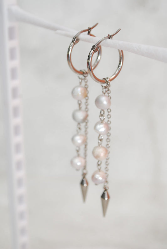 Long Chain Stainless Steel & Freshwater Pearl Earrings, Large Hook spike earrings, Estibela, 9cm 3.5"
