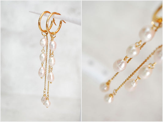 Long cascahe pearl earrings, gold plated stainless steel hoop chain earrings, wedding bride , 9.5cm
