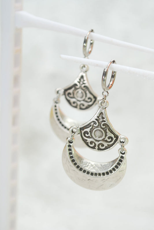 Vintage style jewelry, Hippie Bohemian earrings,  silver plated  earrings, stainless steel hook, Ethnic earrings, 6cm 2.5"