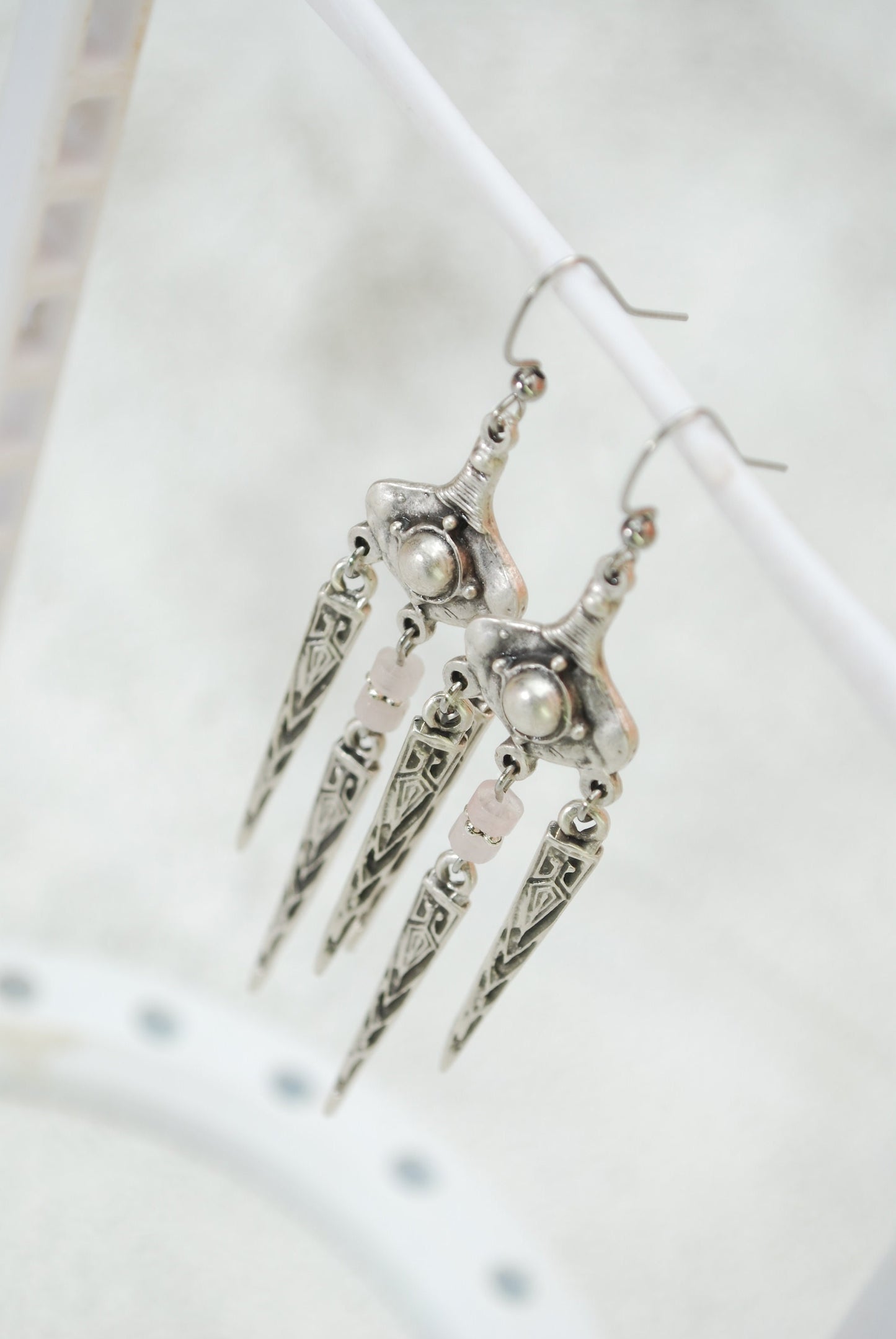 Aztec Inca Earrings, Tribal Jewelry, Antique silver Spike Earrings, Ethnic Art, 8.5 cm 3.4" Pink Quartz stone