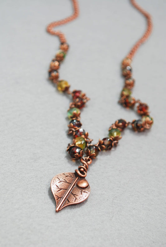 Elegant long beaded leaf charm necklace, Tibetan agate Dzi Beads necklace, autumn colors, Copper & green