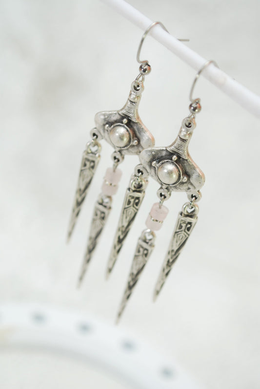 Aztec Inca Earrings, Tribal Jewelry, Antique silver Spike Earrings, Ethnic Art, 8.5 cm 3.4" Pink Quartz stone
