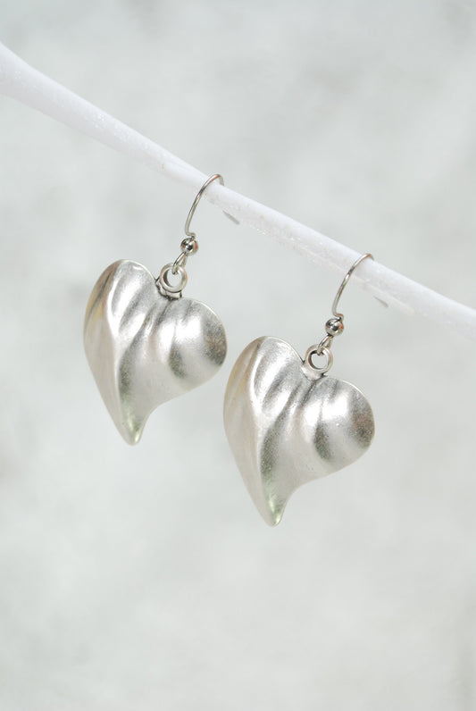 Valentine's Day Exclusive: Boho Chic Antique Silver Big Heart Shape Earrings, Tribal Art Handmade - 4.5cm (1.8")