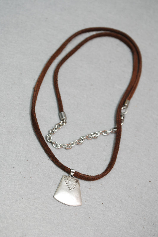 Ethnic necklace, brown leather cord & large stainless steel chain two turns, antigue silver pendant 29" - 74cm