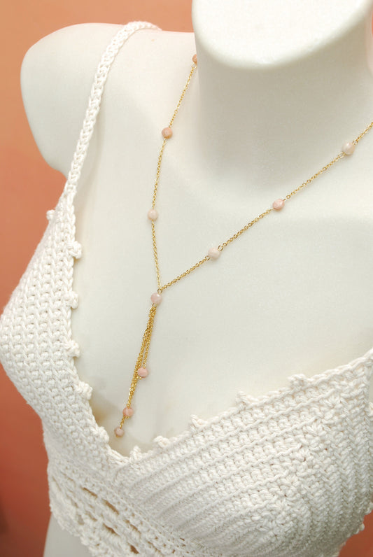 Stainless Steel Cascade Beaded Necklace with Sunstone Beads - Boho Style and Sensual Design