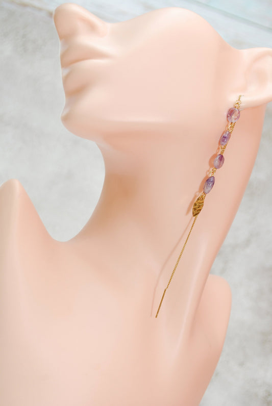 Cascade Amethyst Stone Gold Earrings with Long Bohemian Threader Chain and Stainless Steel, 19cm - 7.5 Inches.