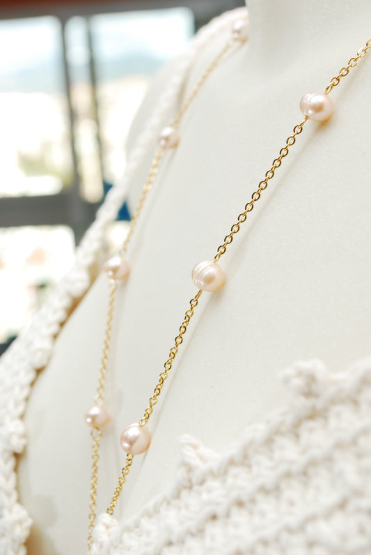 Limited Edition Gold Chain and Light Pink Freshwater Pearl Necklace: A Delicate and Feminine Must-Have for Fine Jewelry Lovers,  24" 61 cm