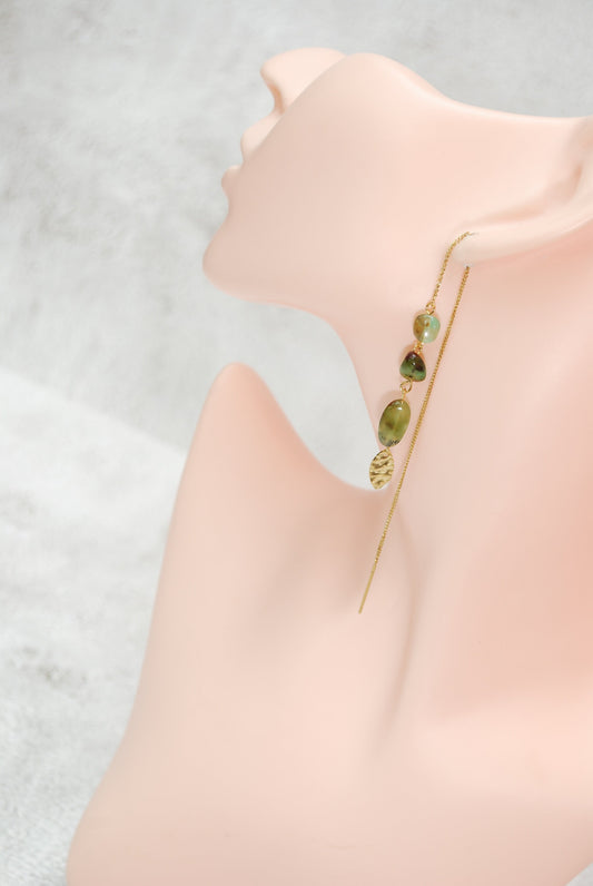 Chrysoprase stone cascade threader earrings, gold stainless steellong chain earrings,18.5cm - 7.25"