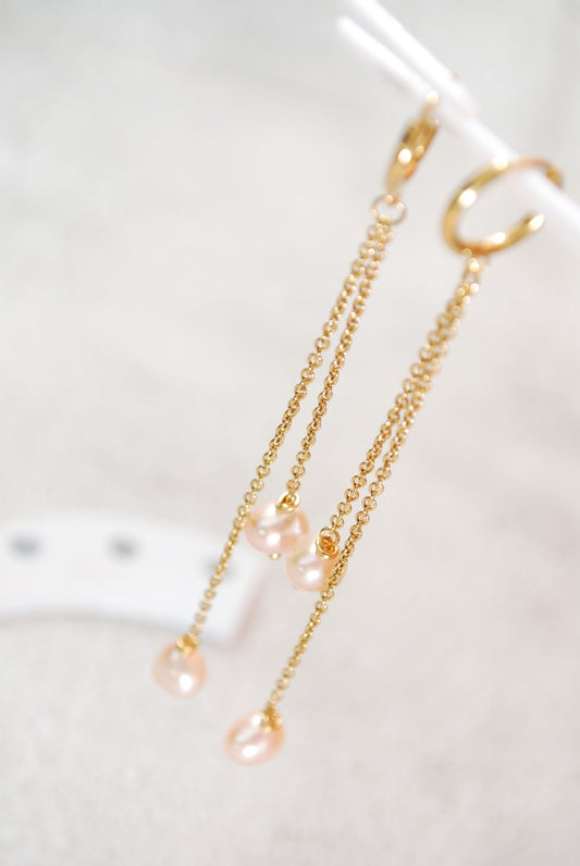 Long freshwater pearl & gold chain earrings, wedding bride jewelry, Estibela design, 11cm - 4 1/3"