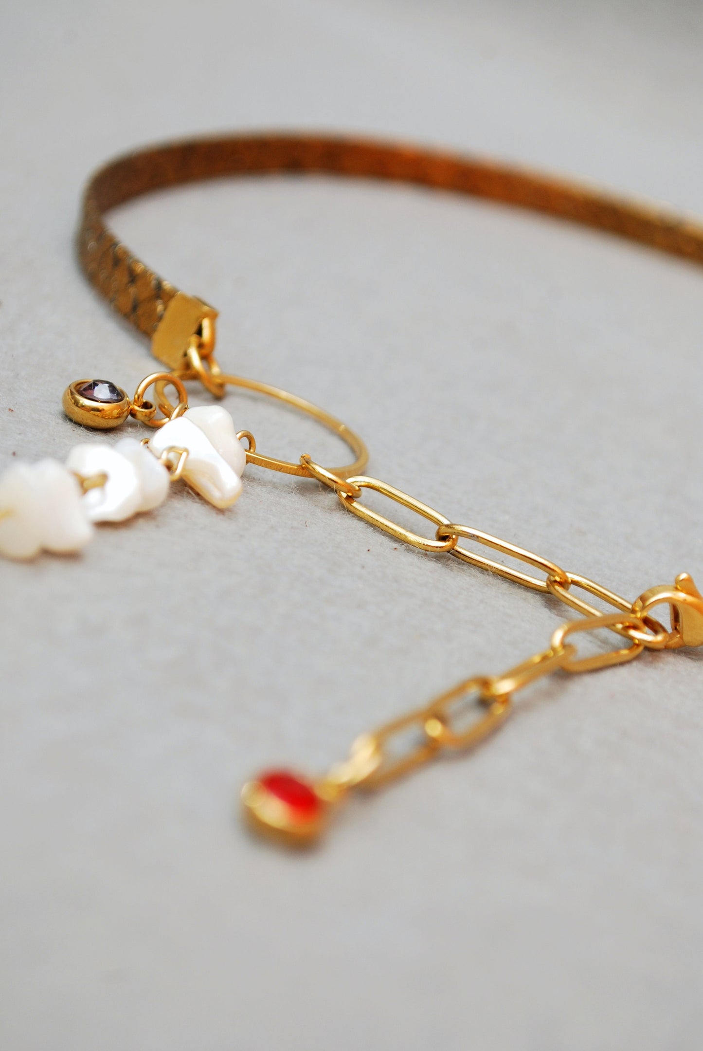 Sexy Snake, Gold Leather & Necklace Choker,  Stainless Steel Gold Chain, With Freshwater Pearls, Spike and rhinestone crystal beads charms