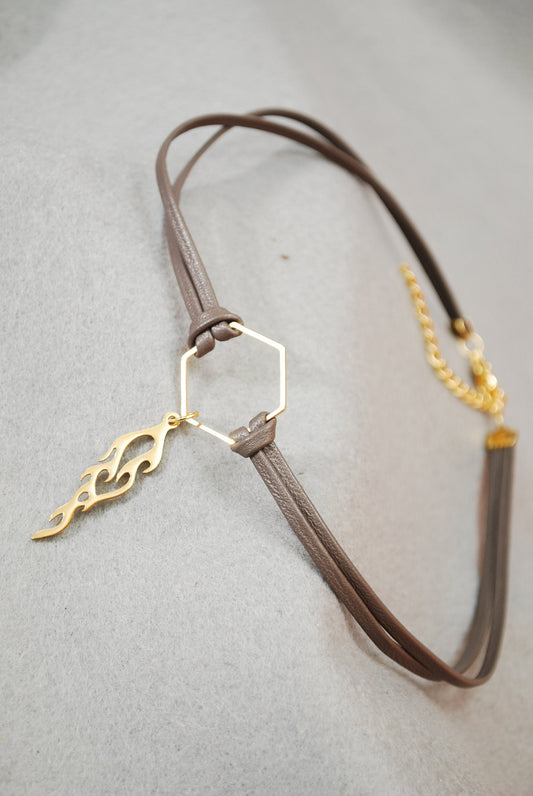 Gold Leather Choker - 13 Inches with Adjustable Chain: Hexagonal Pendant, Stainless Steel, Sleek and Sensual Accessory