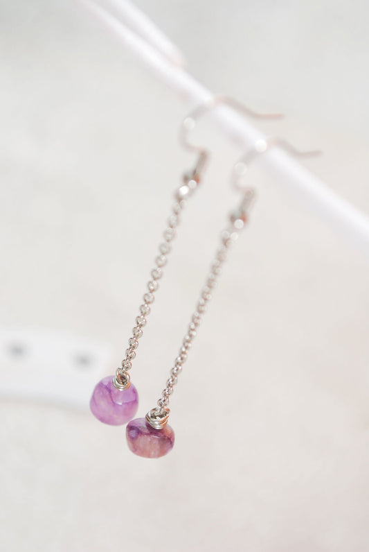Handcrafted stainless steel chain earrings with charoite stones for a unique and elegant look