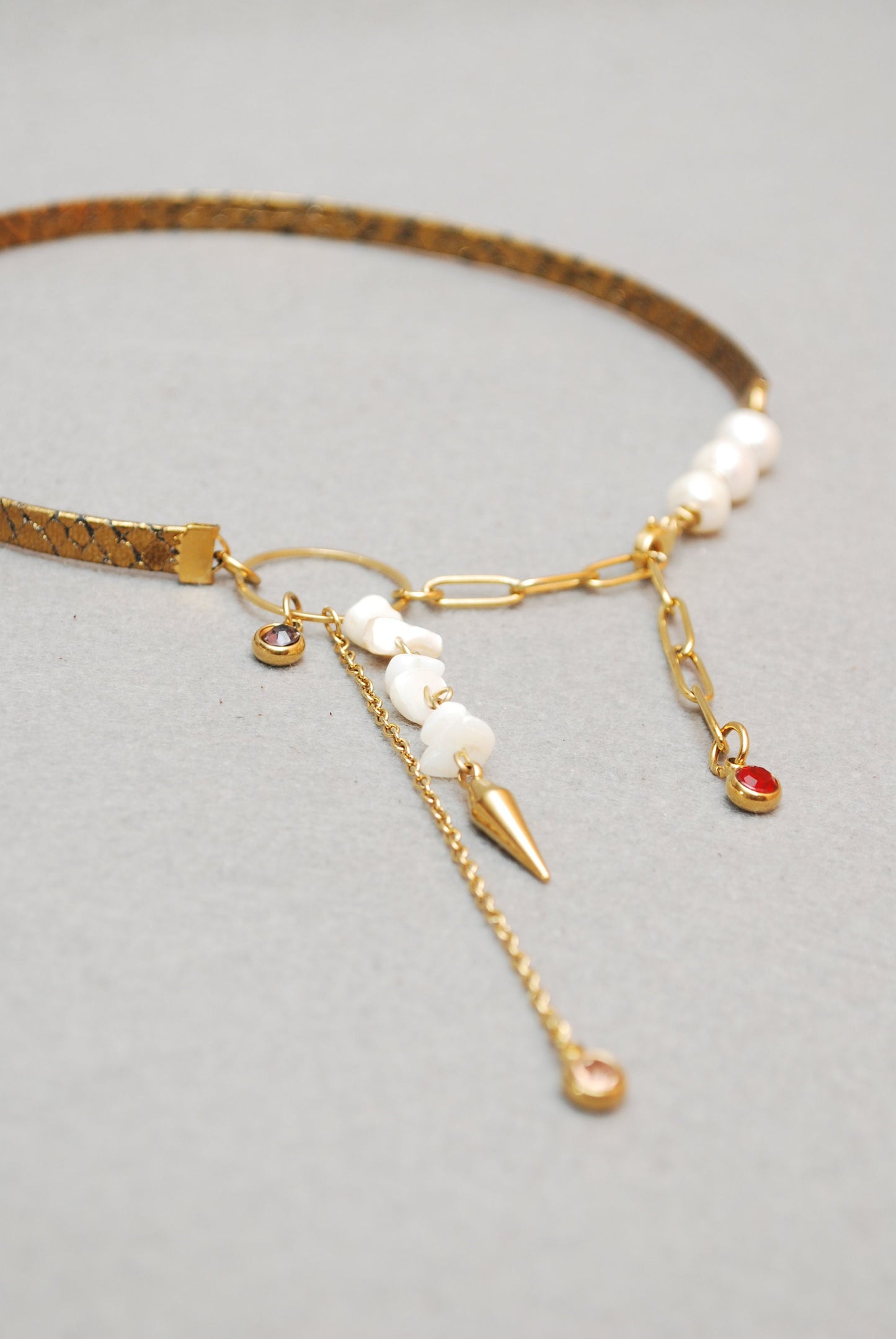 Sexy Snake, Gold Leather & Necklace Choker,  Stainless Steel Gold Chain, With Freshwater Pearls, Spike and rhinestone crystal beads charms