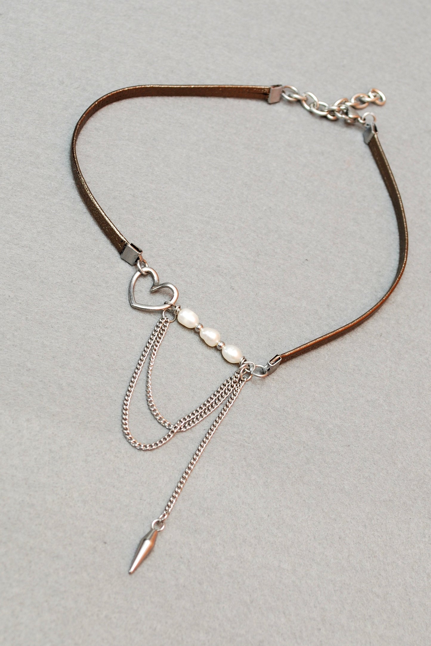 Sexy Choker, Brown & Silver Leather Choker,  Stainless Steel Chain, With Freshwater Pearls, Spike beads charms. 35 cm - 14 inches