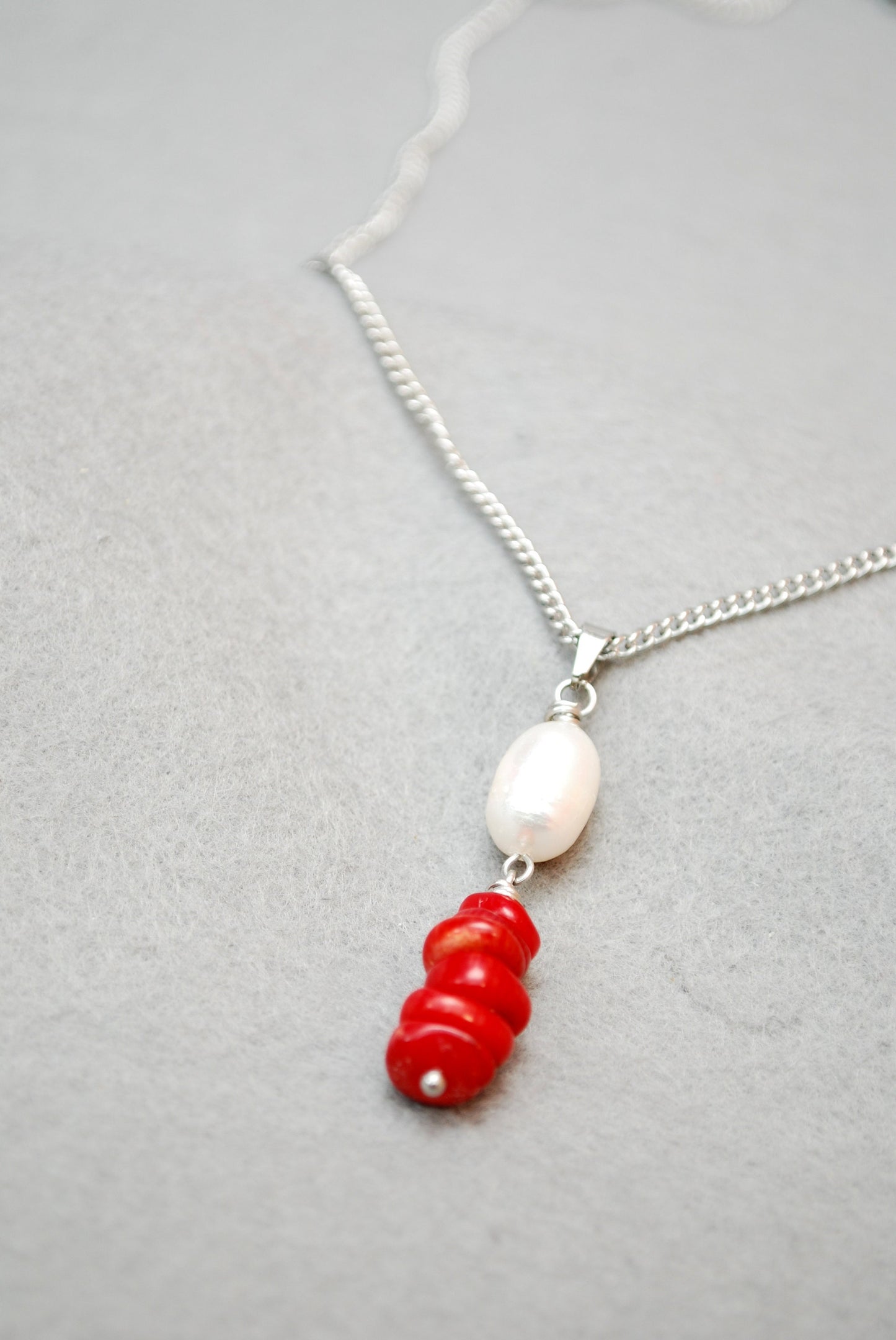Elegant Stainless Steel Necklace with Freshwater Pearl Pendant and Coral Stones, Estibela design, Delicate pearl & stone pendant
