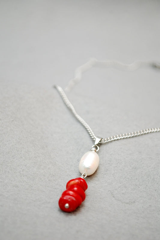 Elegant Stainless Steel Necklace with Freshwater Pearl Pendant and Coral Stones, Estibela design, Delicate pearl & stone pendant