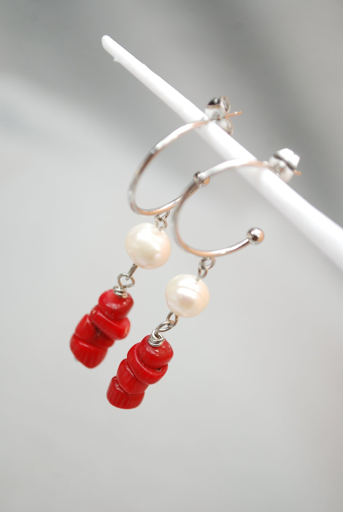 Stainless Steel Earrings with River Pearl Bead and Red Coral Stone Accents - Estibela design -5.4cm 2.2"