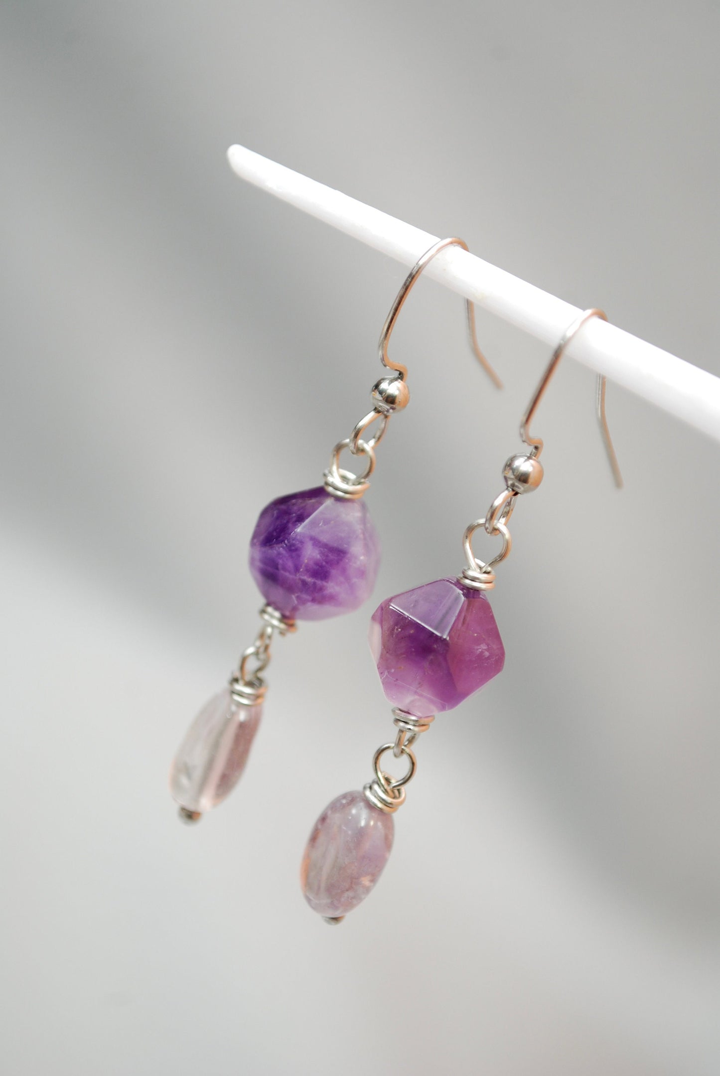 Unique Boho-chic earrings with Amethyst &  Super Seven stone bead. Estibela design. 4.8cm - 1.9". Elegant earrings for parties and cocktails