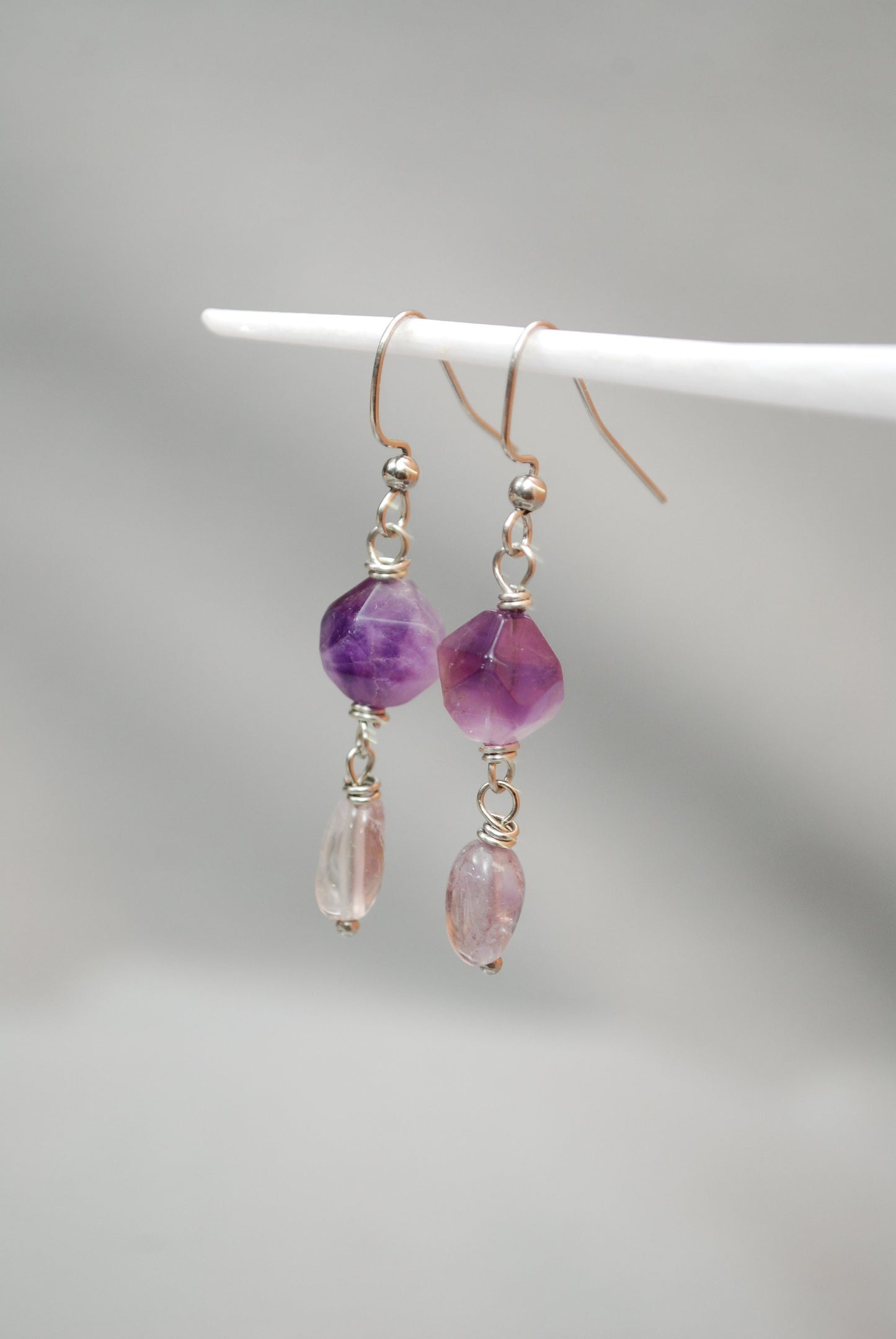 Unique Boho-chic earrings with Amethyst &  Super Seven stone bead. Estibela design. 4.8cm - 1.9". Elegant earrings for parties and cocktails