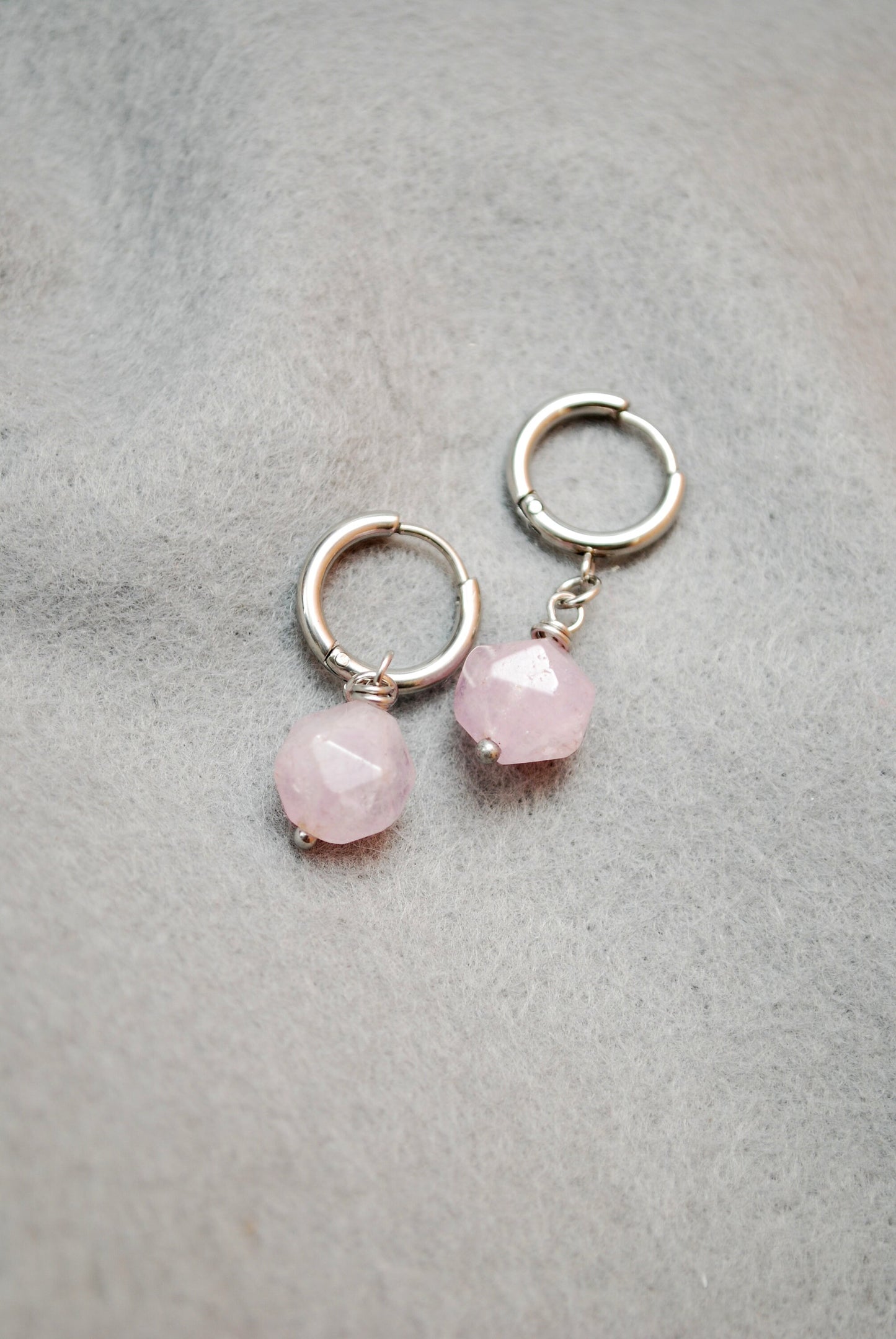 Elegant pink stone earrings, Handcrafted earrings with super seven stone, Elegant mimalist style, Estibela design, 5cm - 2"