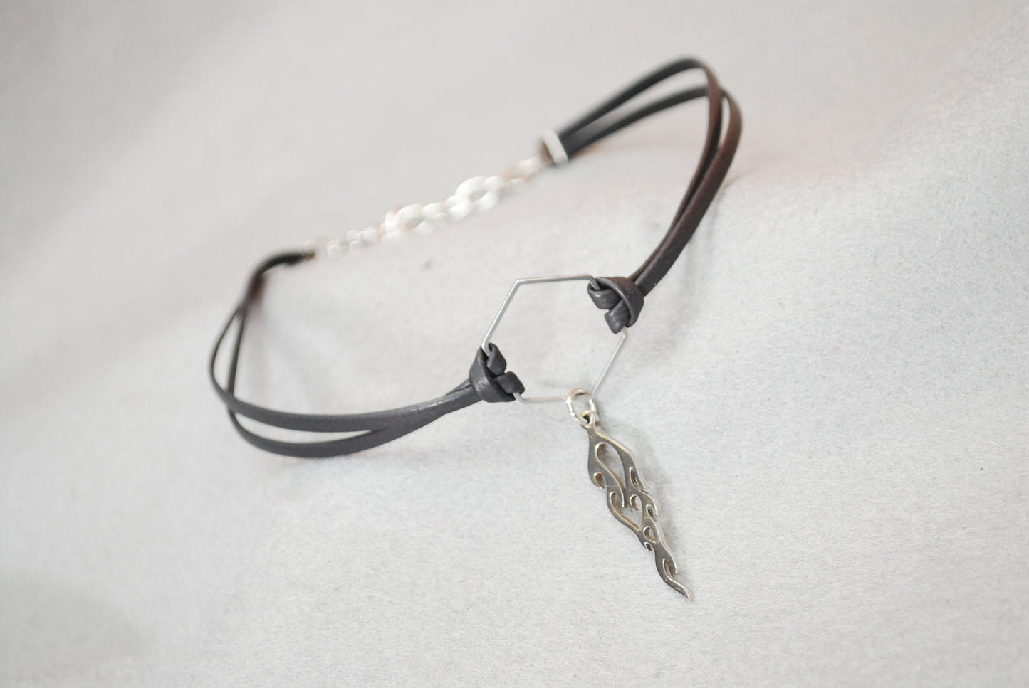 Dark Grey Leather Choker 13 Inches: Stylish Stainless Steel Flame Pendant, Sensual Fashion Accessory for Bold Nights, Unique Jewelry Gift