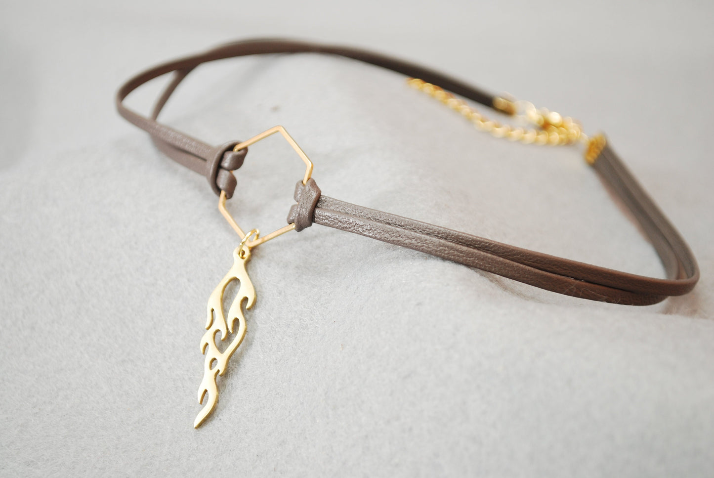Gold Leather Choker - 13 Inches with Adjustable Chain: Hexagonal Pendant, Stainless Steel, Sleek and Sensual Accessory