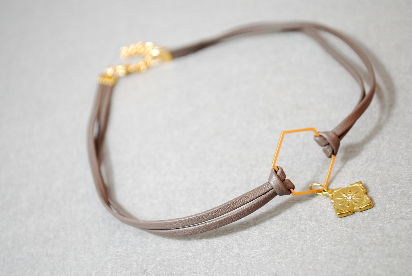 Boho-Chic Brown Leather Choker with Hexagon Stainless Steel Accent. 13" + adjustible chain