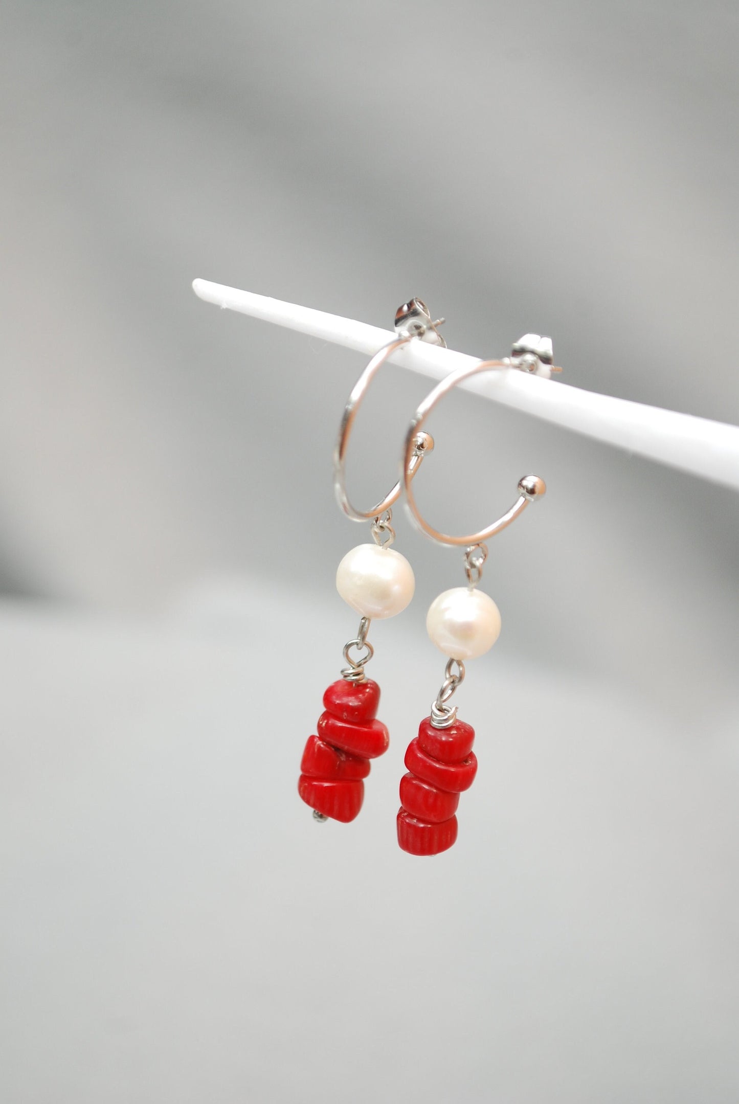 Stainless Steel Earrings with River Pearl Bead and Red Coral Stone Accents - Estibela design -5.4cm 2.2"