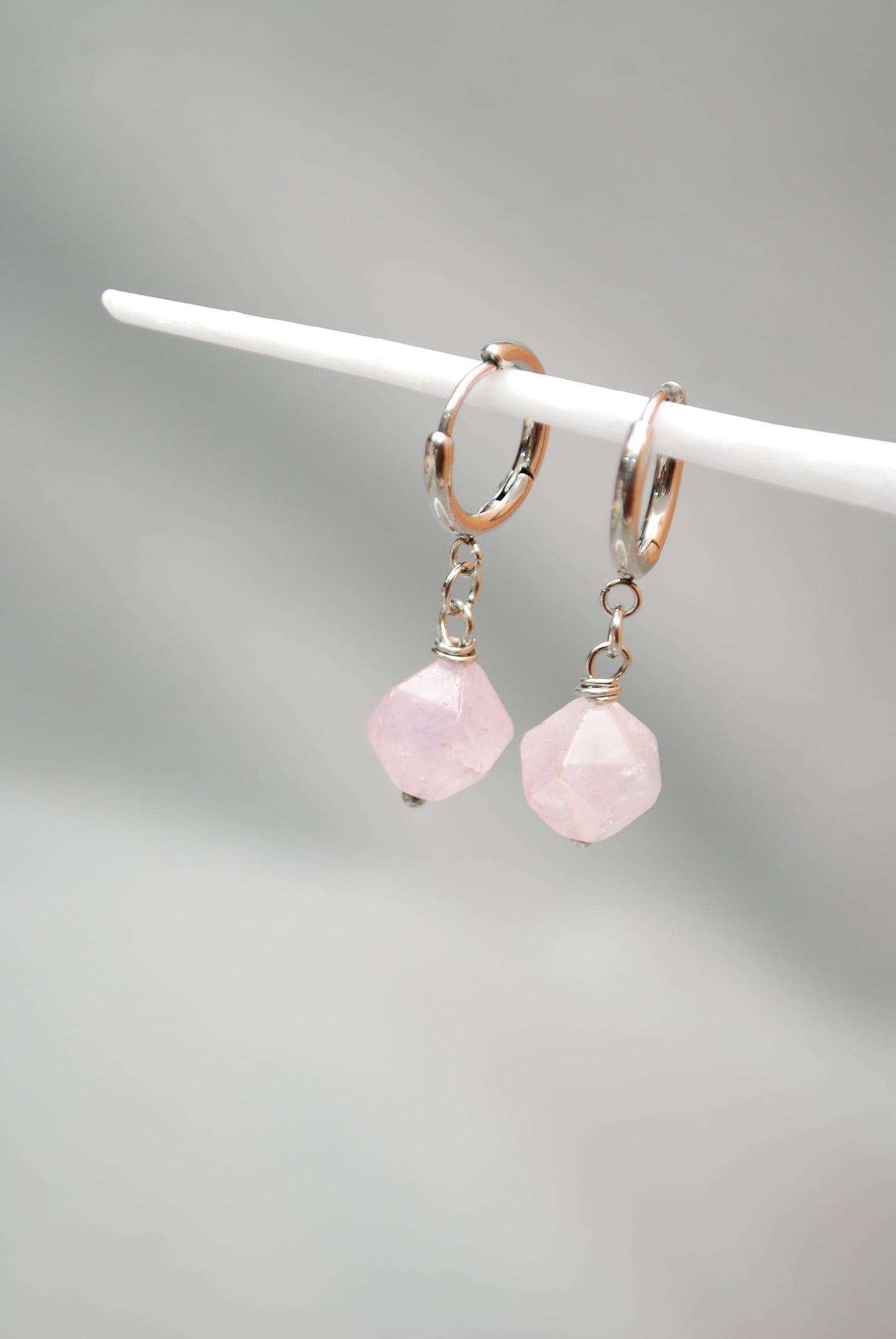 Elegant pink stone earrings, Handcrafted earrings with super seven stone, Elegant mimalist style, Estibela design, 5cm - 2"