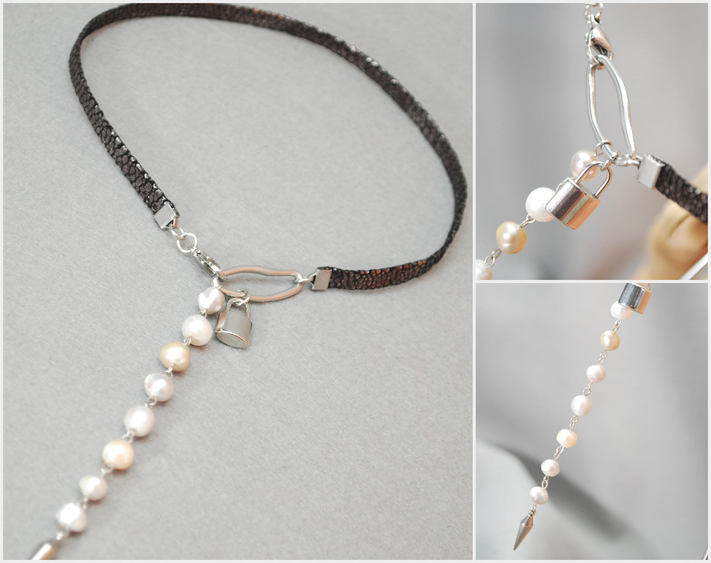 Ethnic-Inspired Choker y Y-Necklace: Handcrafted Boho-Chic Leather Jewelry Adorned with Freshwater Pearl Beads by Estibela Design