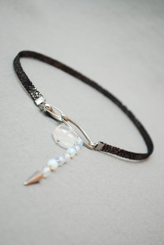 Black Leather Choker with Opaline Bead Cascade and Crystal Stone Accent: Unique Handmade Statement Piece for Bold Fashionistas. Estibela.