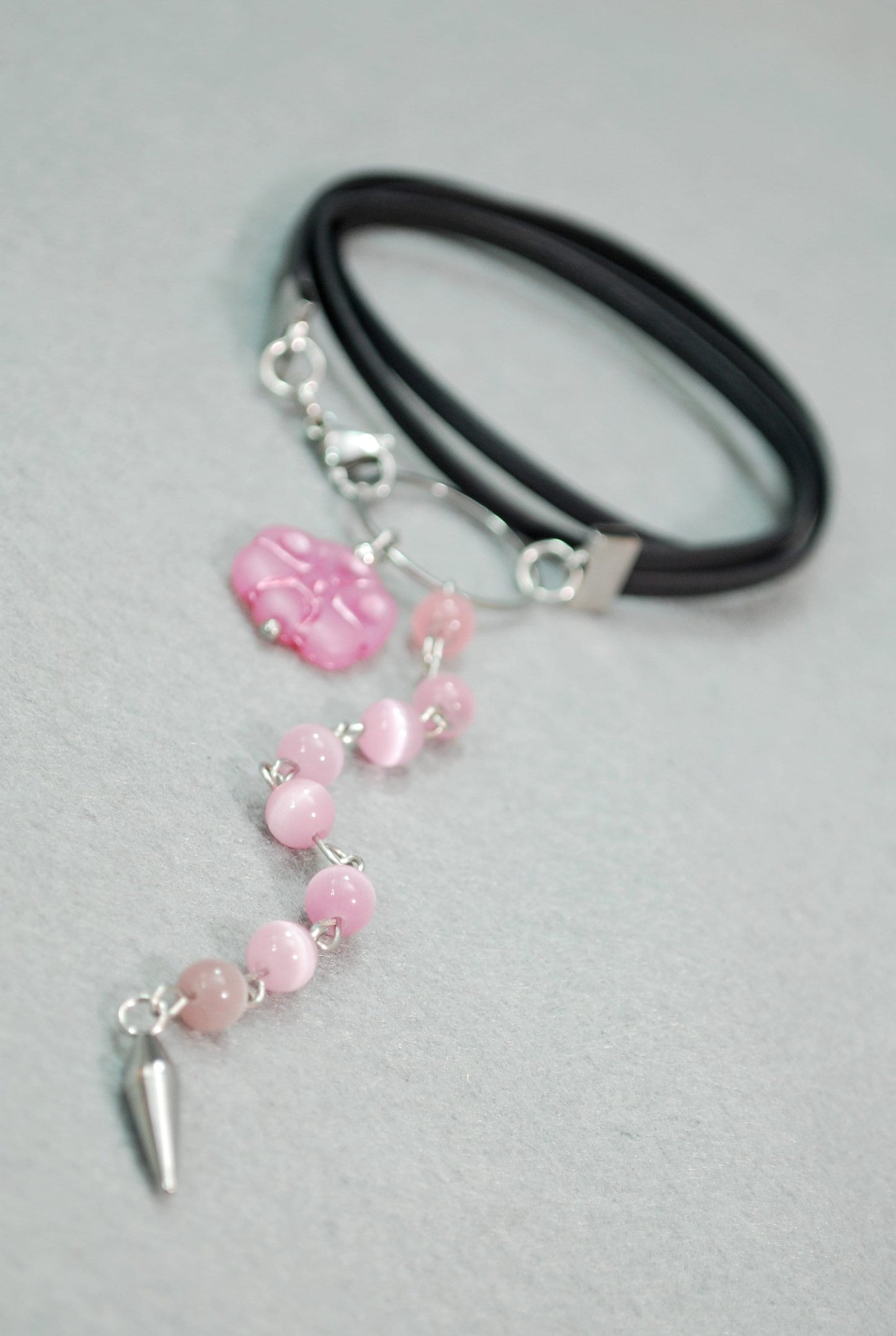 Leather Cord Choker with Rose Cat's Eye Stone Bead Cascade and Flower Czech Glass Bead - Estibela Design Collection