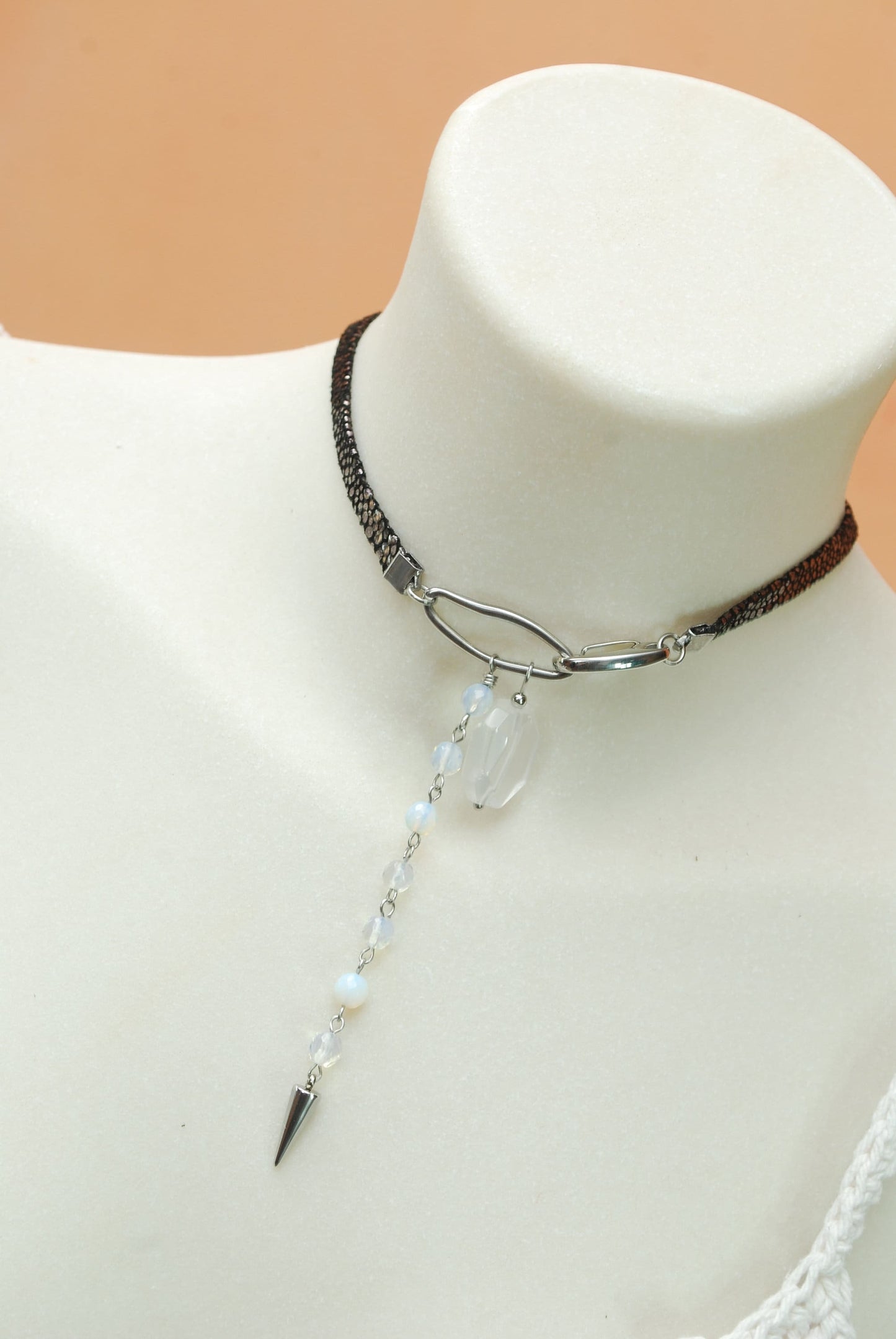 Black Leather Choker with Opaline Bead Cascade and Crystal Stone Accent: Unique Handmade Statement Piece for Bold Fashionistas. Estibela.