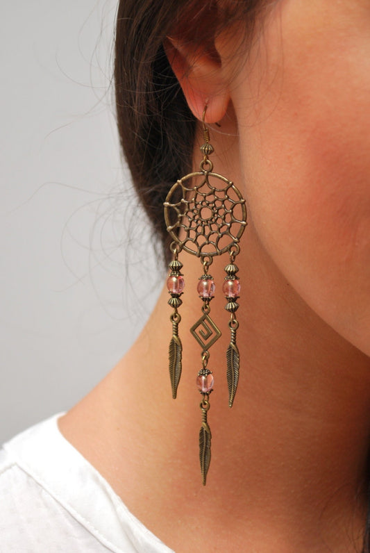 Dream Catcher Feather Leaf Pink Beads Earrings - Unique Boho Design, Best-Selling Jewelry, Perfect for Hippie Parties and Beach Outfits.