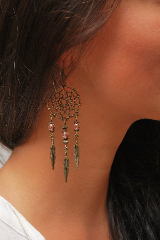 Pink Dream Catcher earrings, hippie long feather jewelry, DreamCatcher style, bohemian free spirit jewelry