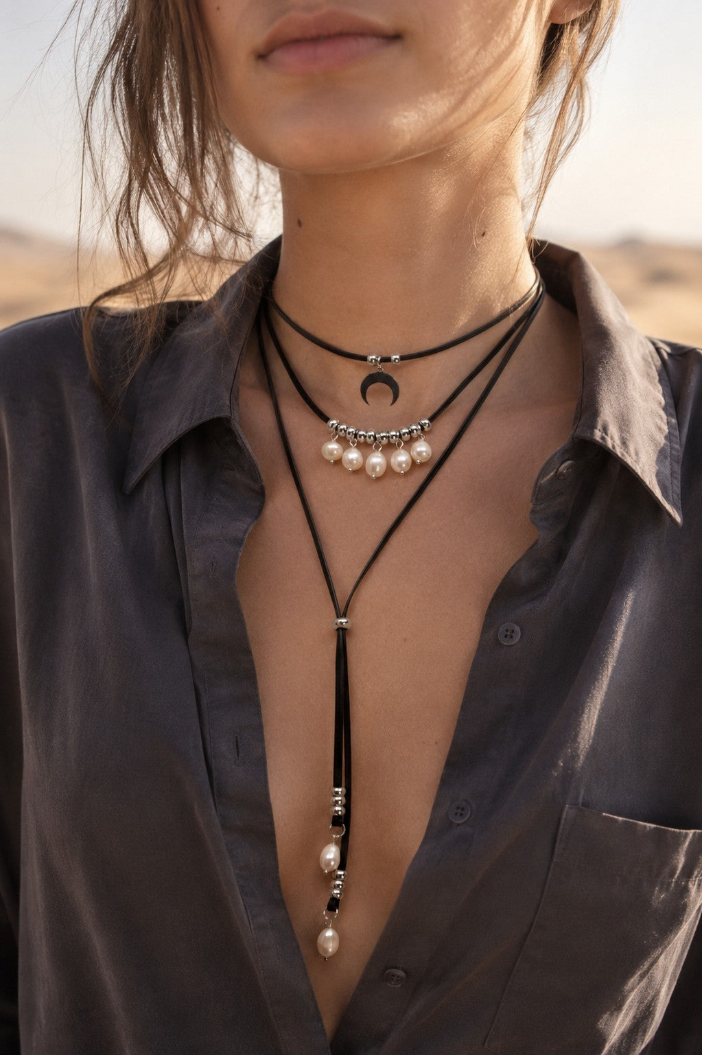 Black Leather Pearl Bolo Necklace – Layered Moon Choker with Freshwater Pearls