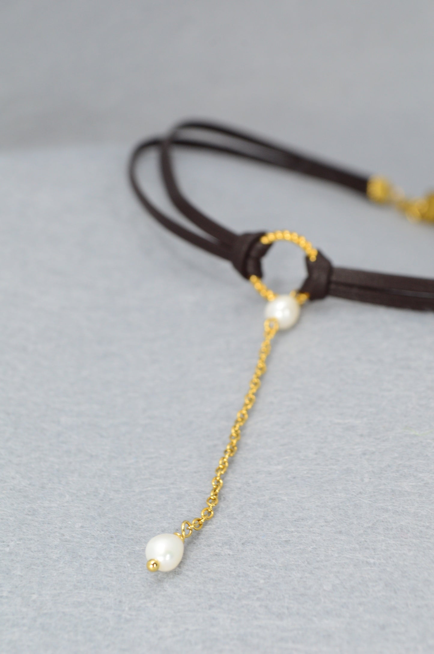 Dark Brown Leather Choker with Gold Chain & Freshwater Pearls | Unique Boho Gothic Jewelry