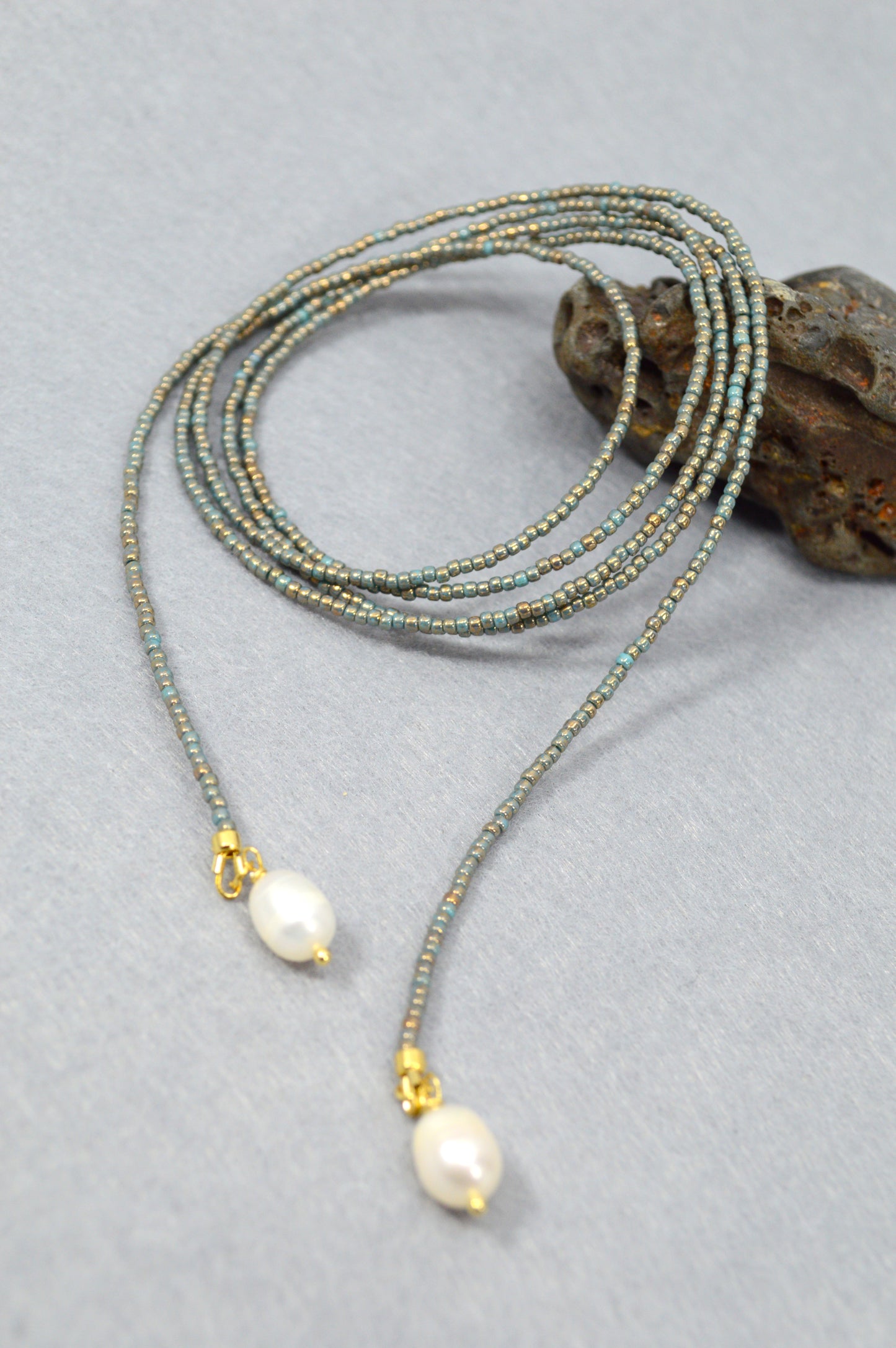 Dusty Blue Pearl Tie Necklace – Minimal Beaded Lariat, Wrap Necktie Jewelry