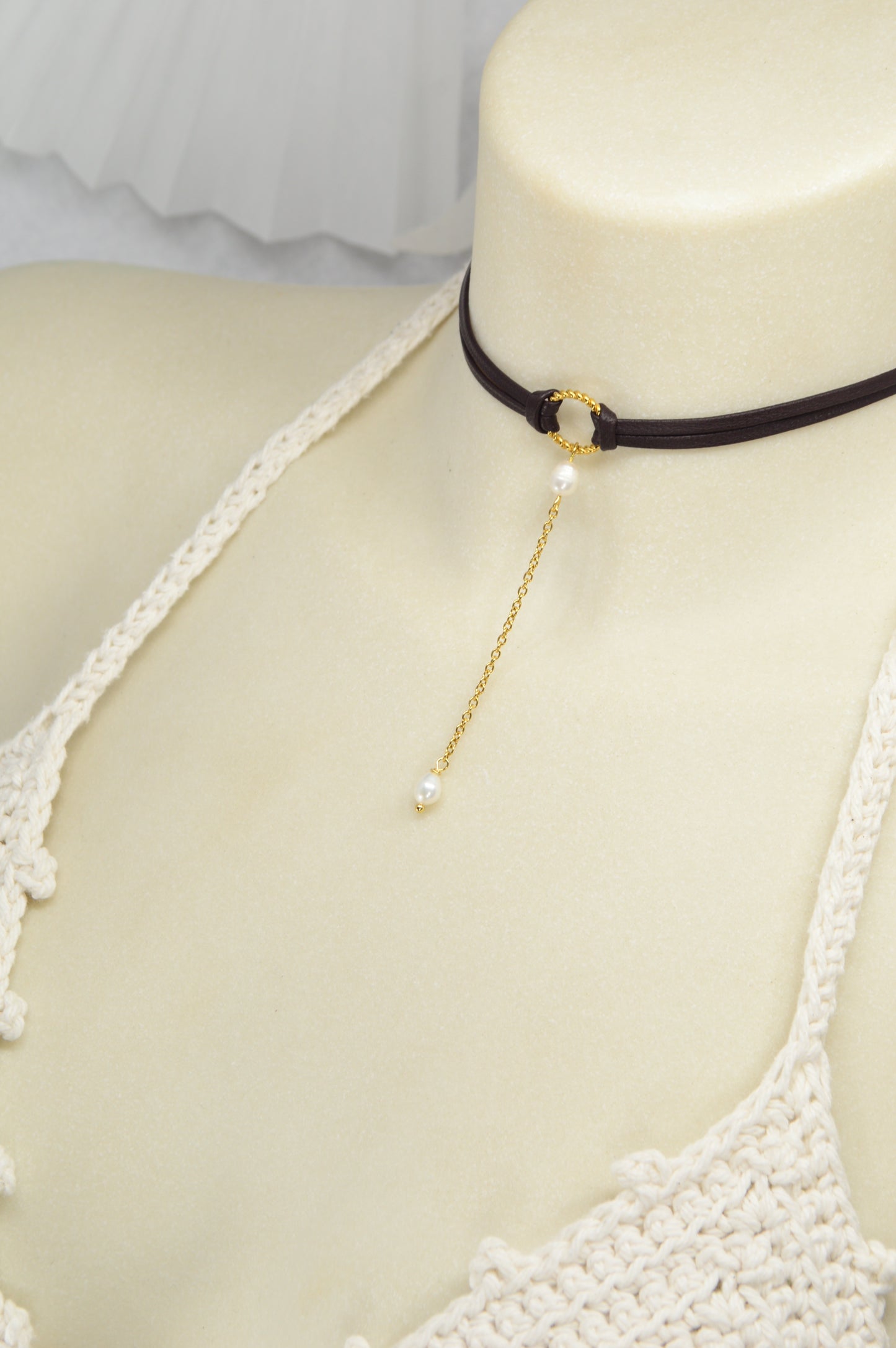 Dark Brown Leather Choker with Gold Chain & Freshwater Pearls | Unique Boho Gothic Jewelry