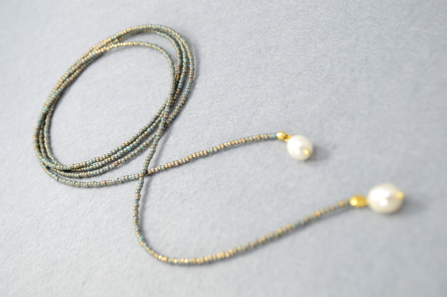 Dusty Blue Pearl Tie Necklace – Minimal Beaded Lariat, Wrap Necktie Jewelry
