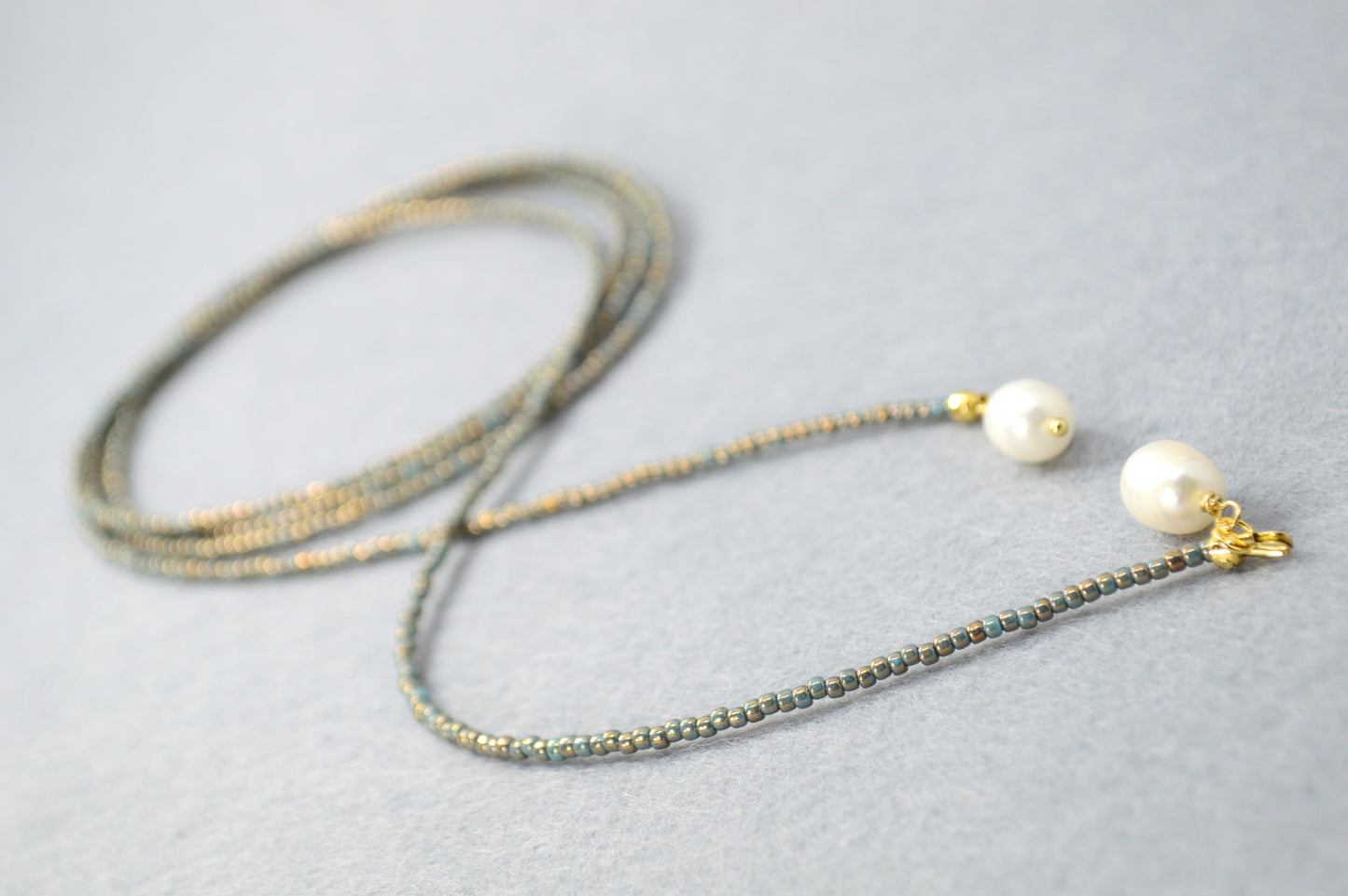 Dusty Blue Pearl Tie Necklace – Minimal Beaded Lariat, Wrap Necktie Jewelry