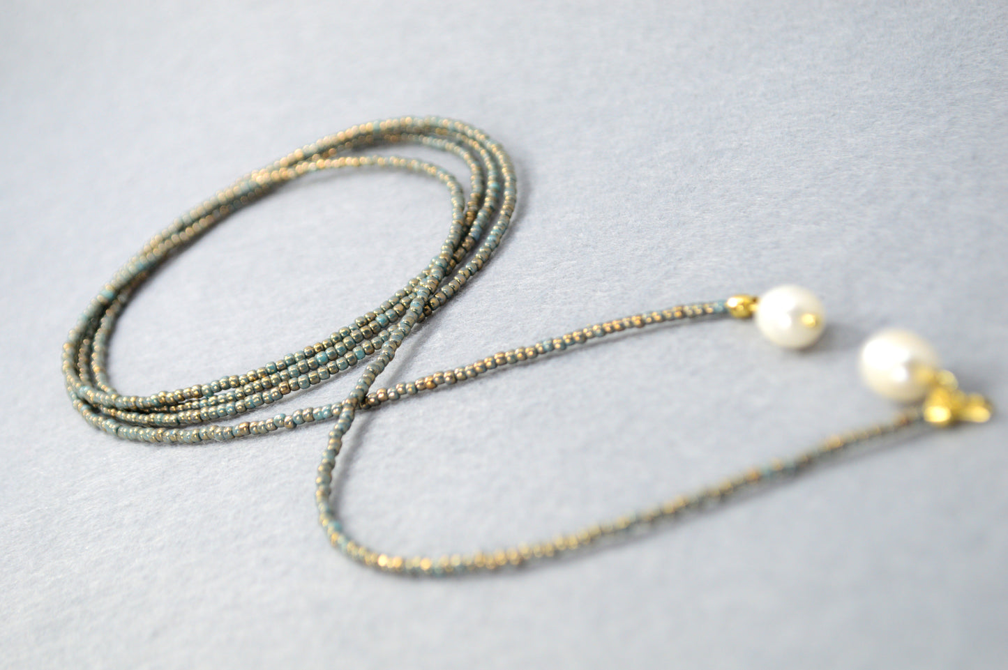 Dusty Blue Pearl Tie Necklace – Minimal Beaded Lariat, Wrap Necktie Jewelry