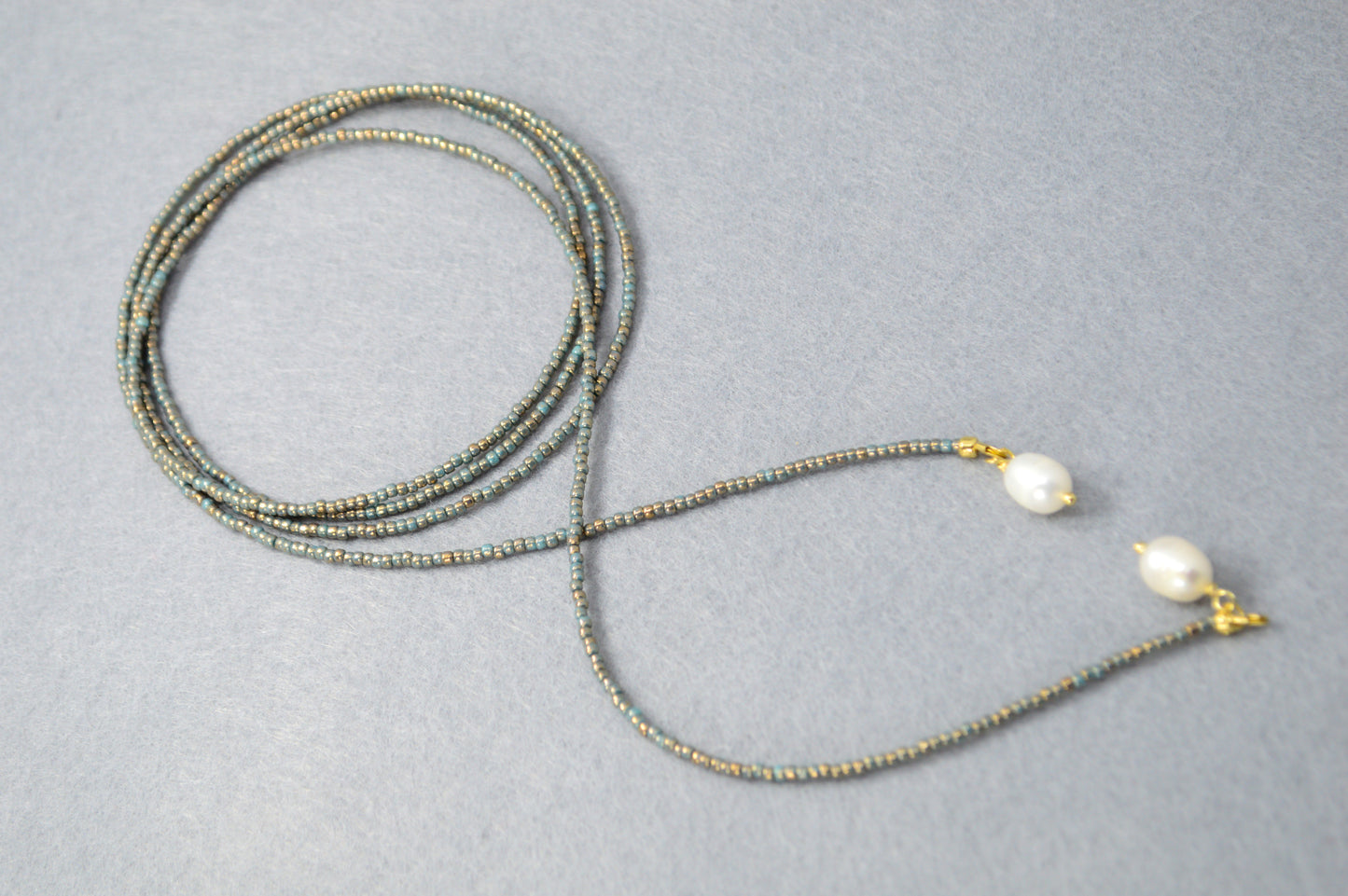 Dusty Blue Pearl Tie Necklace – Minimal Beaded Lariat, Wrap Necktie Jewelry